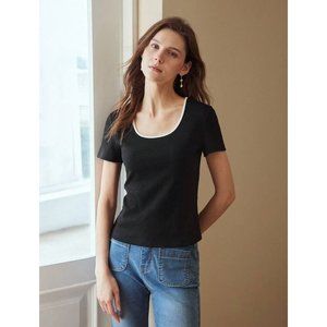 Contrast stitching ribbed knit boho minimalist tee shirt white black
